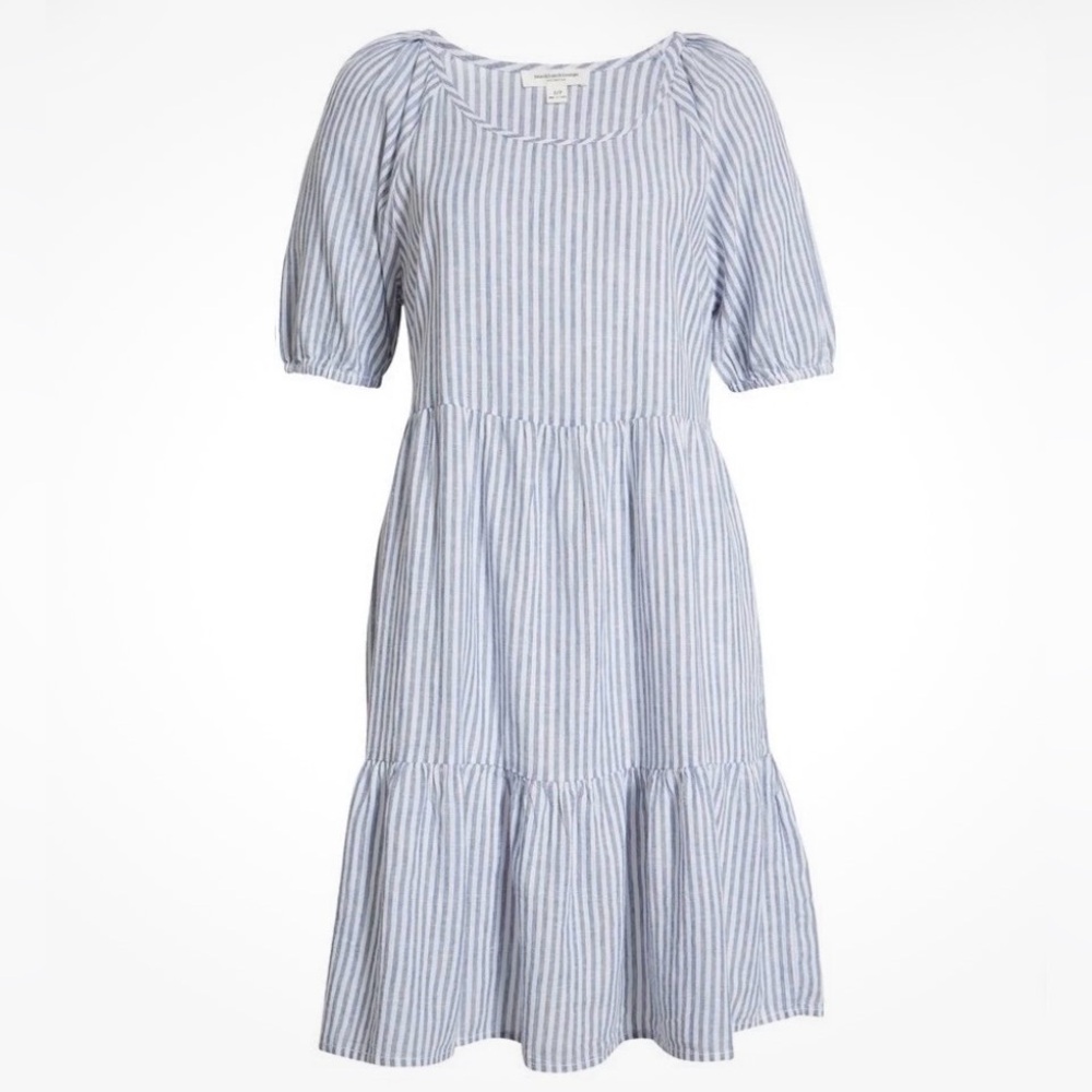 Beach Lunch Lounge Blue and White Stripe Dress, Linen blend, Size Medium